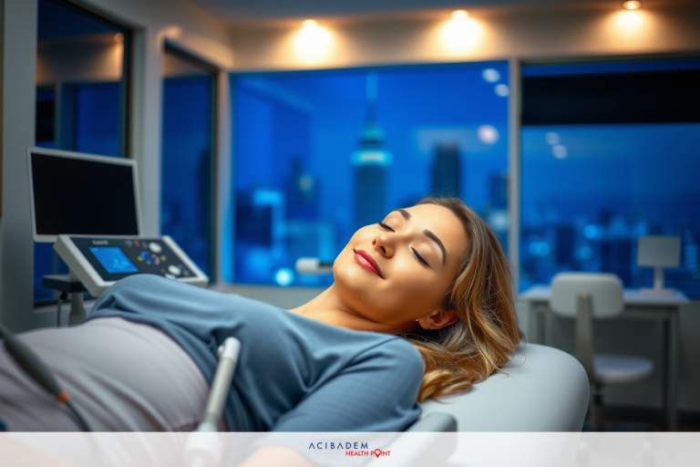 The image depicts a woman lying down in what appears to be a medical or health-related setting, possibly undergoing an examination. She is wearing hospital attire and has her head resting on the table.