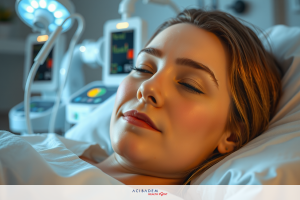 The image shows a woman lying down in a hospital bed, looking relaxed with her eyes closed.