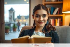 A young woman is seated indoors, focused on reading a book. She's wearing professional attire and seems absorbed in her reading. The room has a cozy atmosphere with books visible in the background.