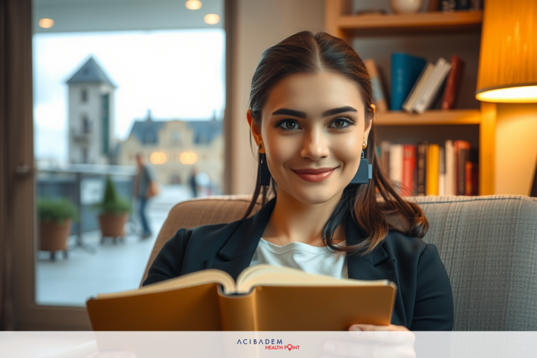 A young woman is seated indoors, focused on reading a book. She's wearing professional attire and seems absorbed in her reading. The room has a cozy atmosphere with books visible in the background.