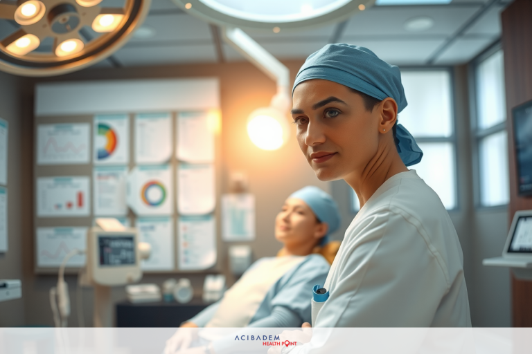 How Much is LASIK Eye Surgery in Indiana? The image depicts a medical scenario with two individuals in surgical attire, one of whom is seated and the other is lying down. The person standing appears to be focused on their task while wearing an operating gown, cap, and mask.