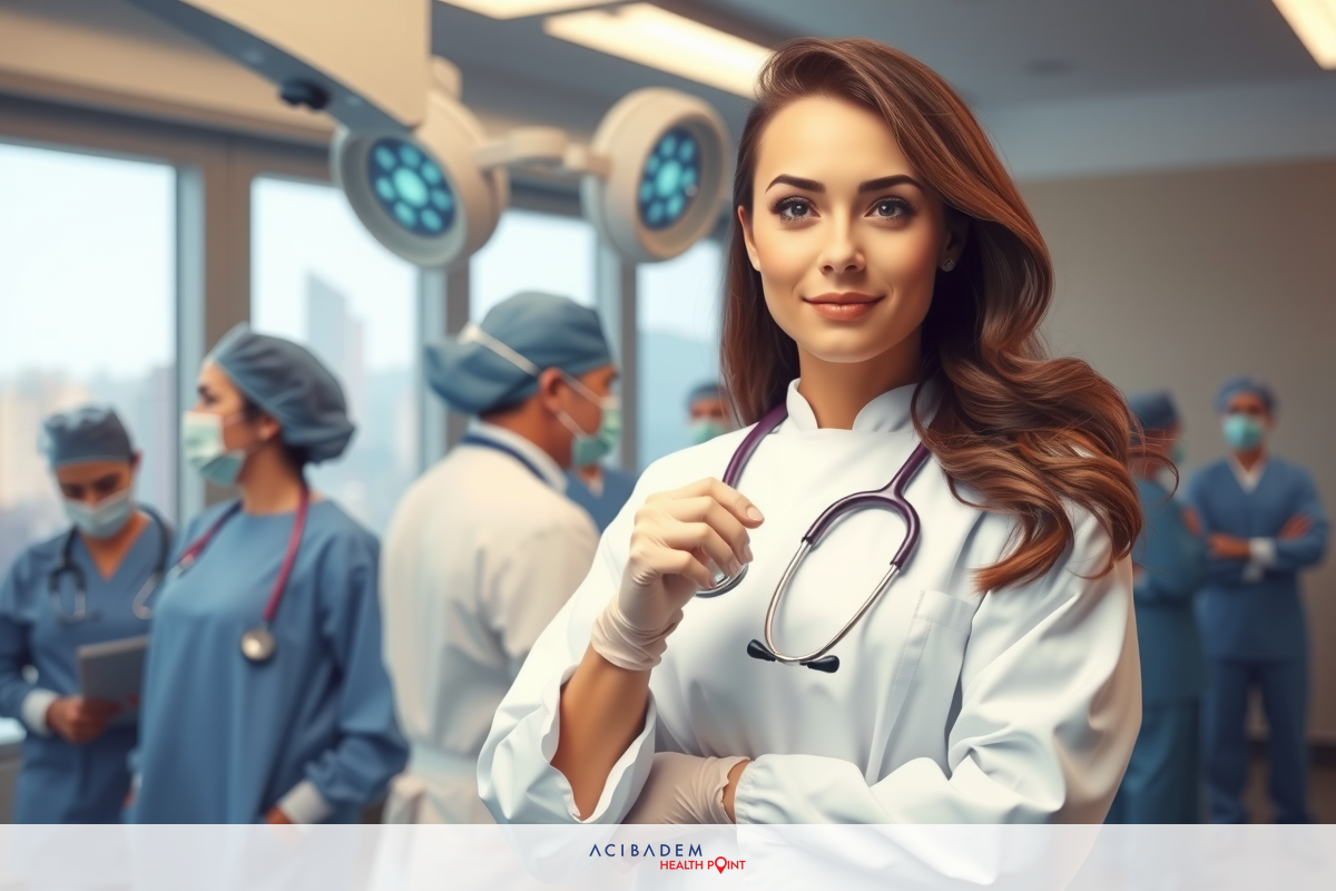 The image shows a young female doctor in a hospital setting, dressed professionally with a stethoscope around her neck. She is smiling and appears to be engaging with the viewer. The background reveals other medical staff in scrubs indicating an active medical environment.