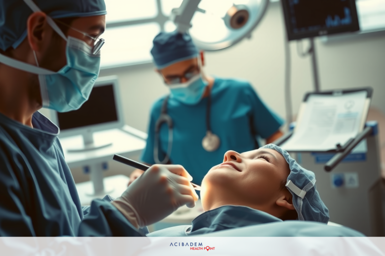 In a modern hospital setting, a doctor is performing a surgical procedure on a woman who's under anesthesia. The medical professionals are wearing protective gear such as masks and scrubs, indicating a sterile environment.