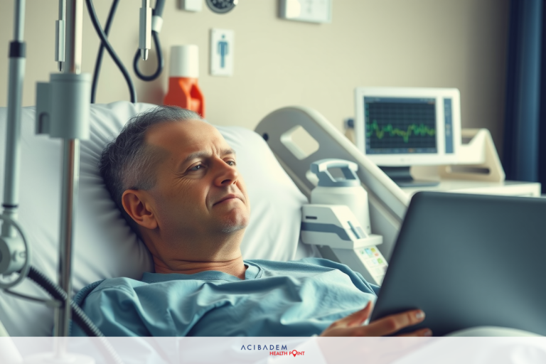 Can I Take Sick Leave for Laser Eye Surgery Man in hospital bed holding tablet computer, looking at screen. Medical setting with various monitoring and treatment equipment visible.