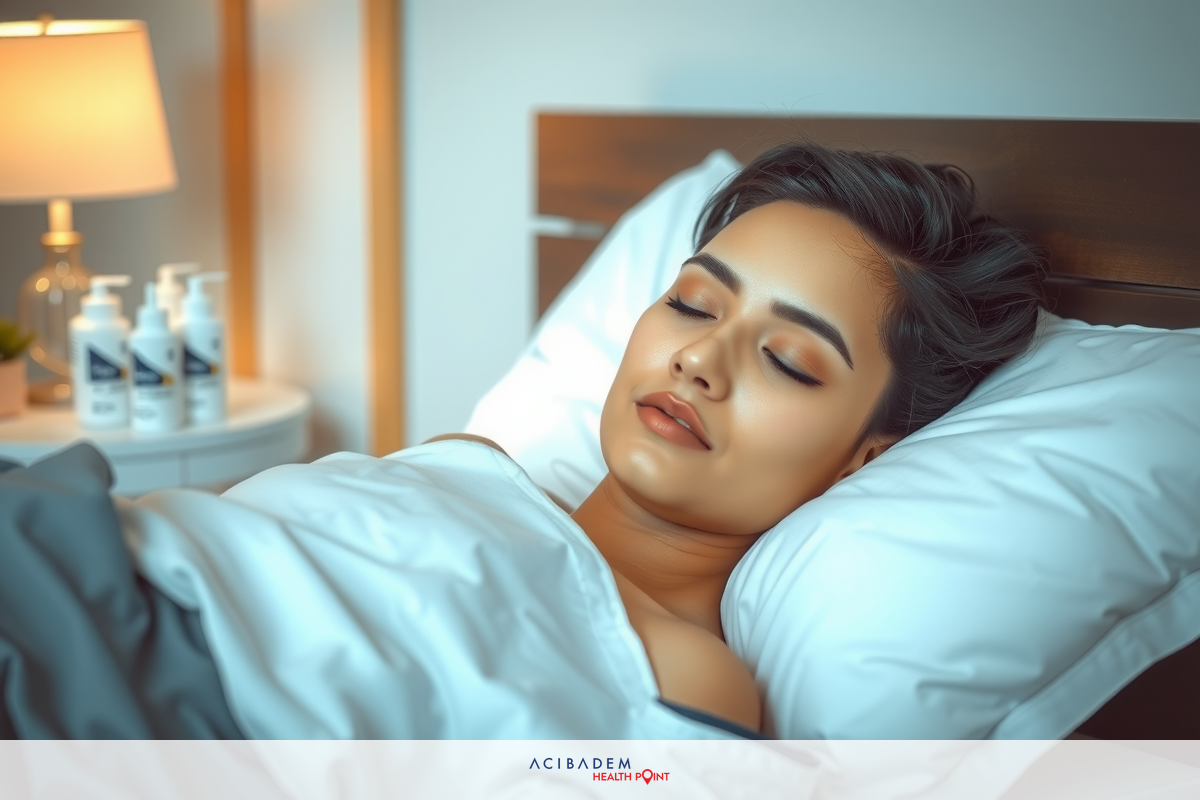 A woman lying down on a bed, appearing to be asleep or resting. She is wearing a white top and there are items next to the bed which suggest a comfortable, cozy environment.