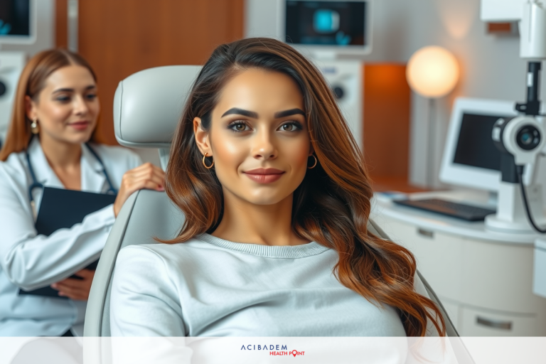 What Happens with LASIK Eye Surgery The image depicts a professional setting where a woman is seated in a medical chair. She is smiling and appears relaxed, suggesting a positive experience during her visit.
