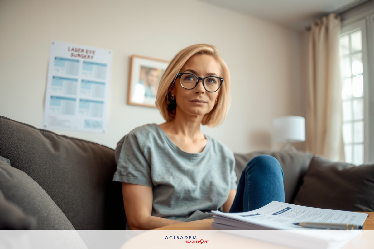 This is a photograph of a woman sitting on a couch in an indoor room. The woman appears to be engaged in reading or reviewing some papers or documents on a table in front of her. She is wearing casual attire, including a gray top and glasses