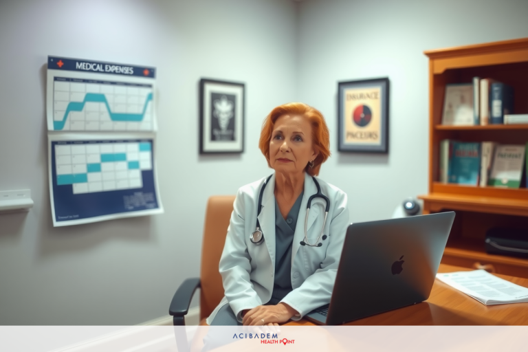 The image depicts a woman sitting at a desk in an office setting. She is dressed professionally, wearing a white lab coat and a stethoscope around her neck, indicating that she might be a medical professional, possibly a doctor or nurse. On the wall, there's a calendar, suggesting a schedule-bound environment like a clinic or hospital.