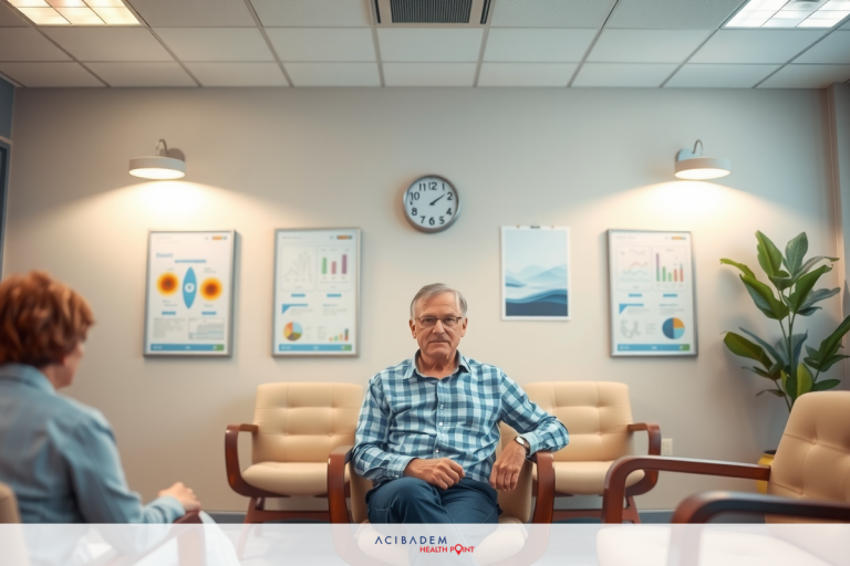The image shows a man sitting in an office waiting room. He is wearing a plaid shirt and has his legs crossed on the chair he's sitting on. The office environment includes various posters on the wall, some of which are medical-related, suggesting that this might be a doctor's office or clinic. There are also potted plants and additional seating arranged around.