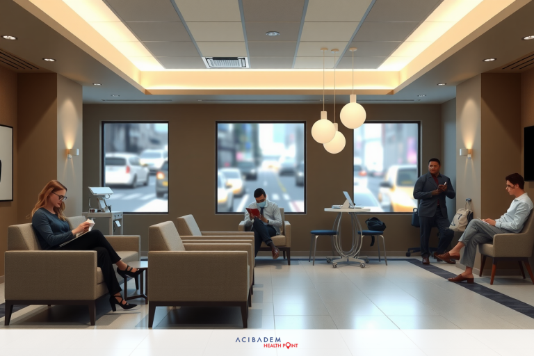 Modern waiting room with large windows, beige sofa, and colorful chairs. People are sitting and standing around, engaged in conversations.