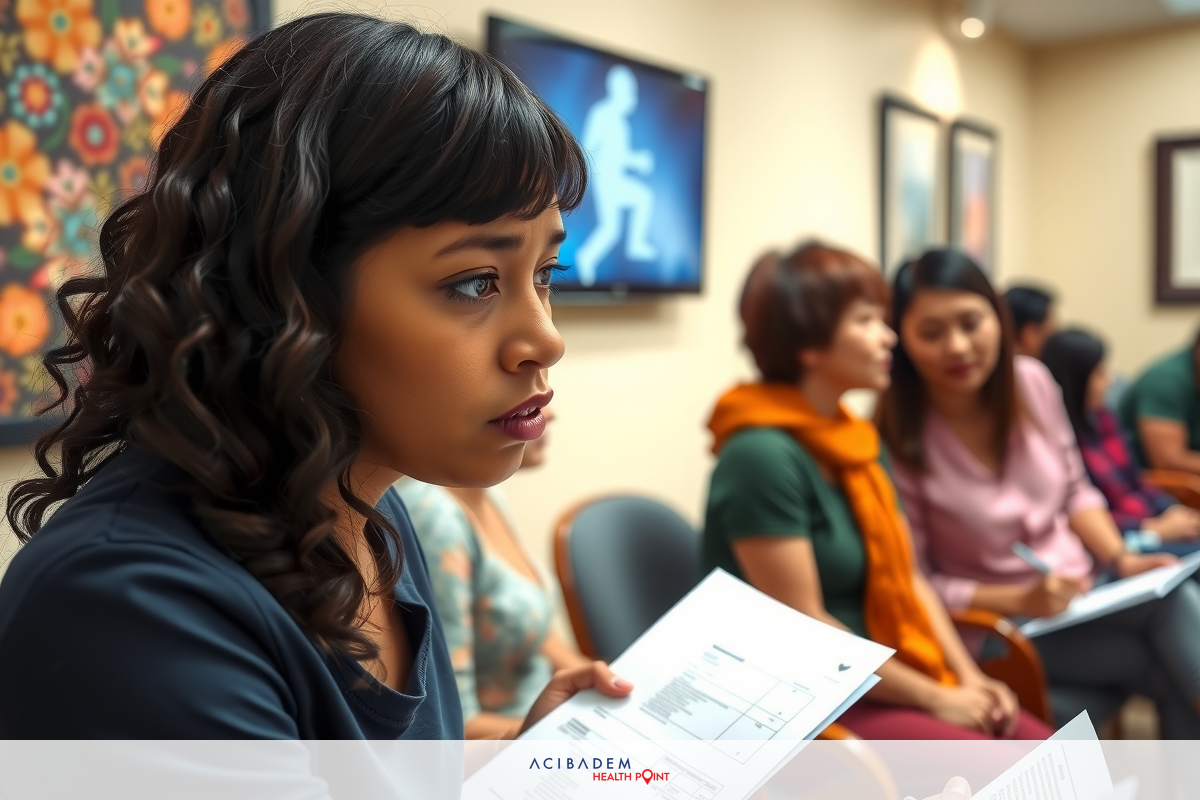 The image shows a group of people in what appears to be an office setting. The central figure is a woman who seems to be engaged in a discussion or presentation, as she is looking at papers and speaking.
