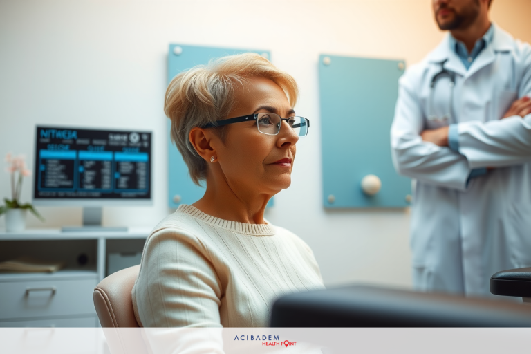 In a medical setting, an elderly woman sits at a table with electronic equipment in front of her. A male healthcare worker watches her intently as she performs her task.