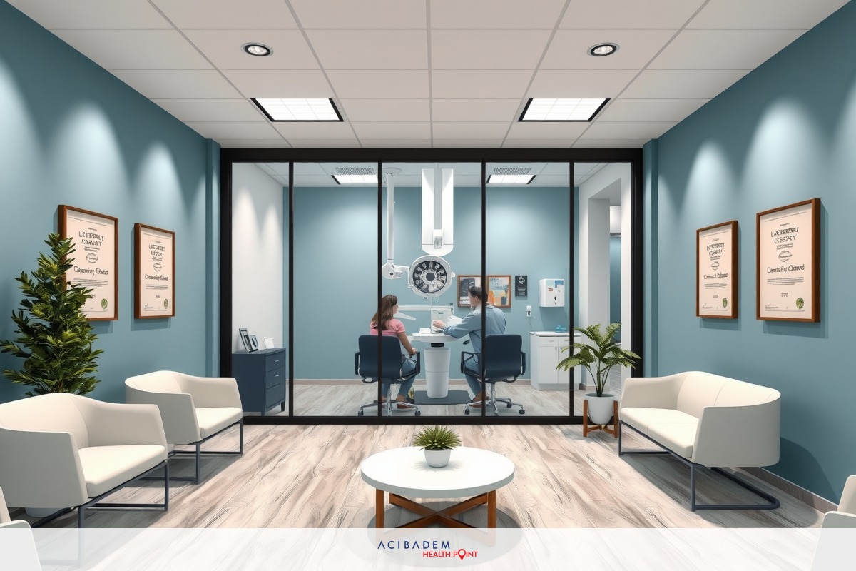 The image depicts a modern medical office interior with a patient seated in the chair, indicating a professional setup for eye care.