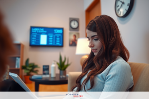The image shows a woman sitting in an office environment. She is wearing a light-colored top and appears to be focused on reading a document or working on a tablet that's not visible due to the angle. The room has a modern, professional feel with blurred elements suggesting other office furniture and equipment.