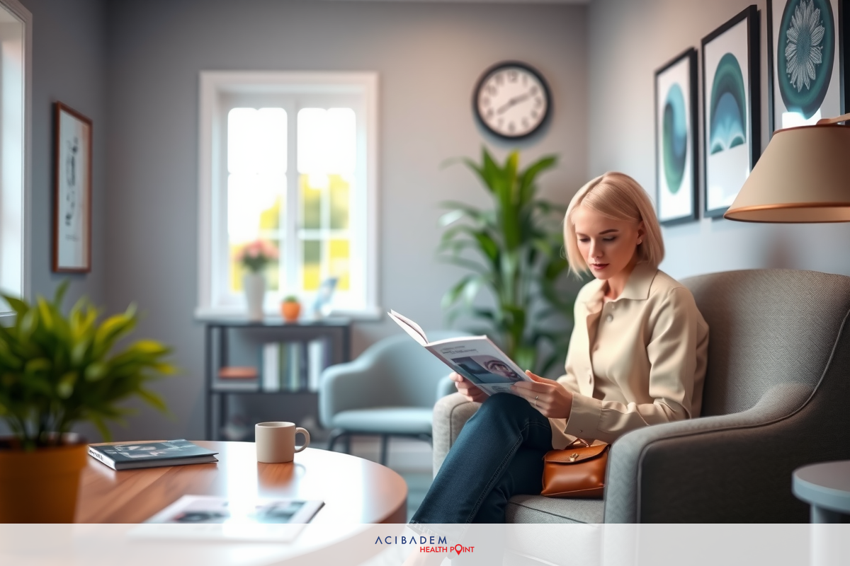 A young woman in a hospital examination room, being checked by a medical professional who is pressing on her neck for a physical assessment. The room has a digital signboard displaying health information and an array of medical cabinets and storage units.