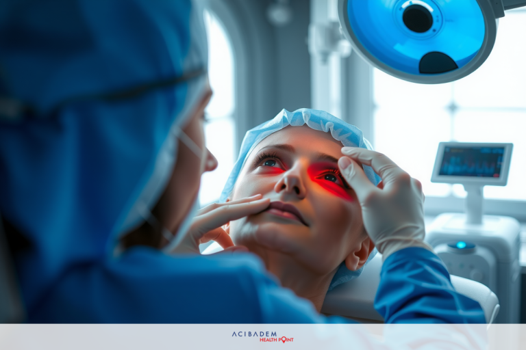 The image depicts a futuristic hospital scene with an individual seated on a chair, facing a large digital screen displaying medical information. The environment is sterile and well-lit, with modern furnishings and equipment in the background.