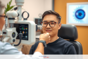 The image shows a medical setting where one person, presumably a healthcare professional, is examining the face of another individual who is lying down on an examination table.