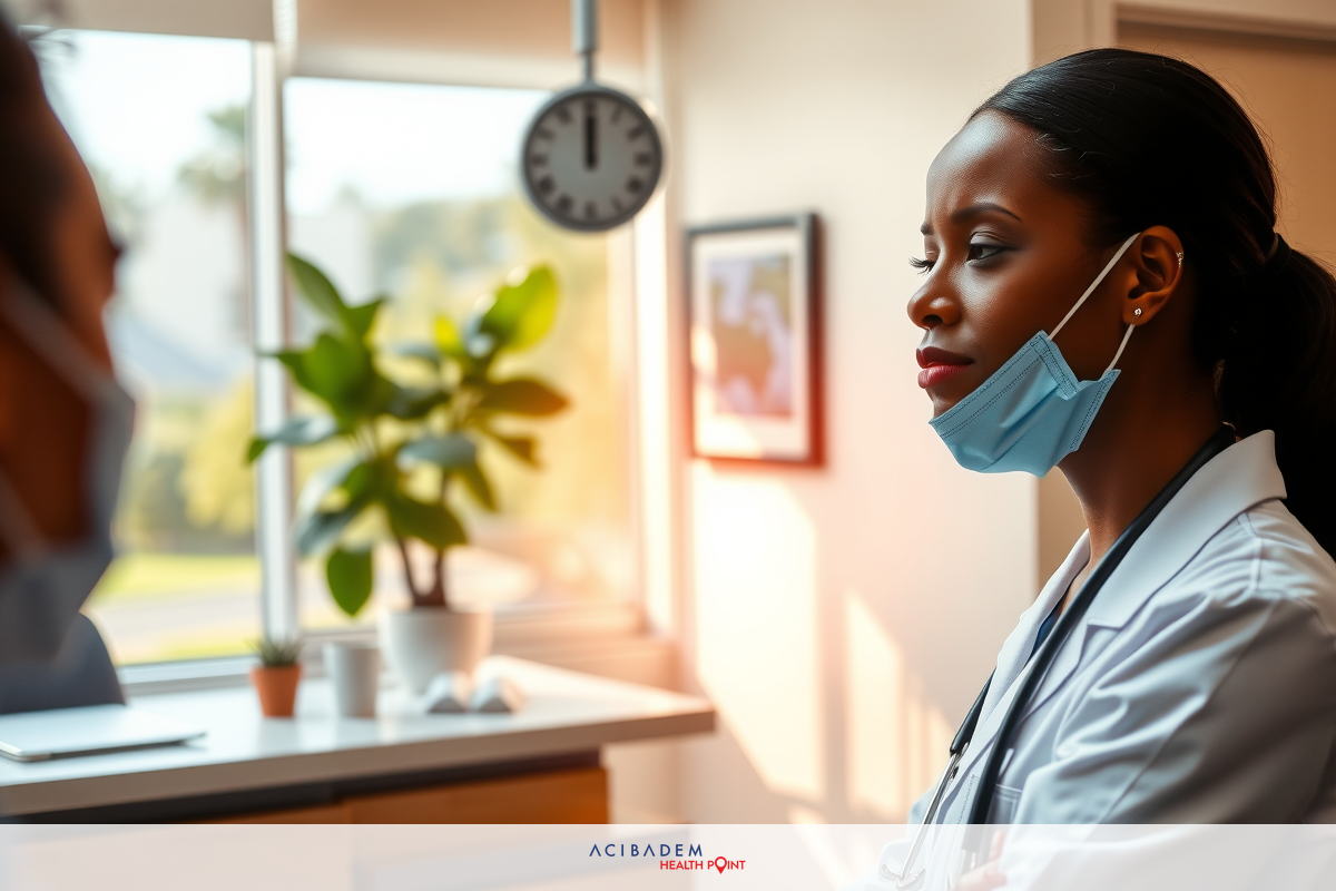 A man in a clinical setting, with medical professionals. The environment suggests an eye examination or similar healthcare check-up.