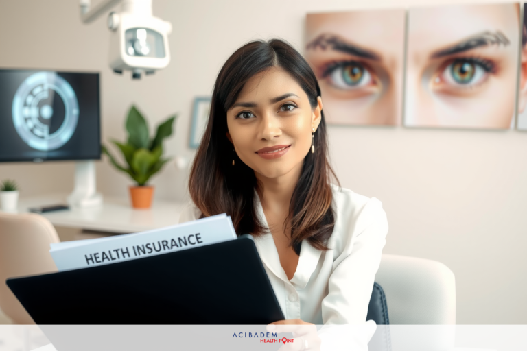 This image shows an eye examination in progress. Two individuals are seen using a slit lamp, which is being held over the woman's eyes to examine her retina. The environment appears to be a professional optician or ophthalmologist's office. There are charts with symbols for letters behind the subjects, possibly used to test visual acuity. The colors in the image are muted, reflecting the clinical setting.