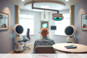 Man in a medical chair with his eyes open, wearing eyeglasses and possibly being prepared for treatment.