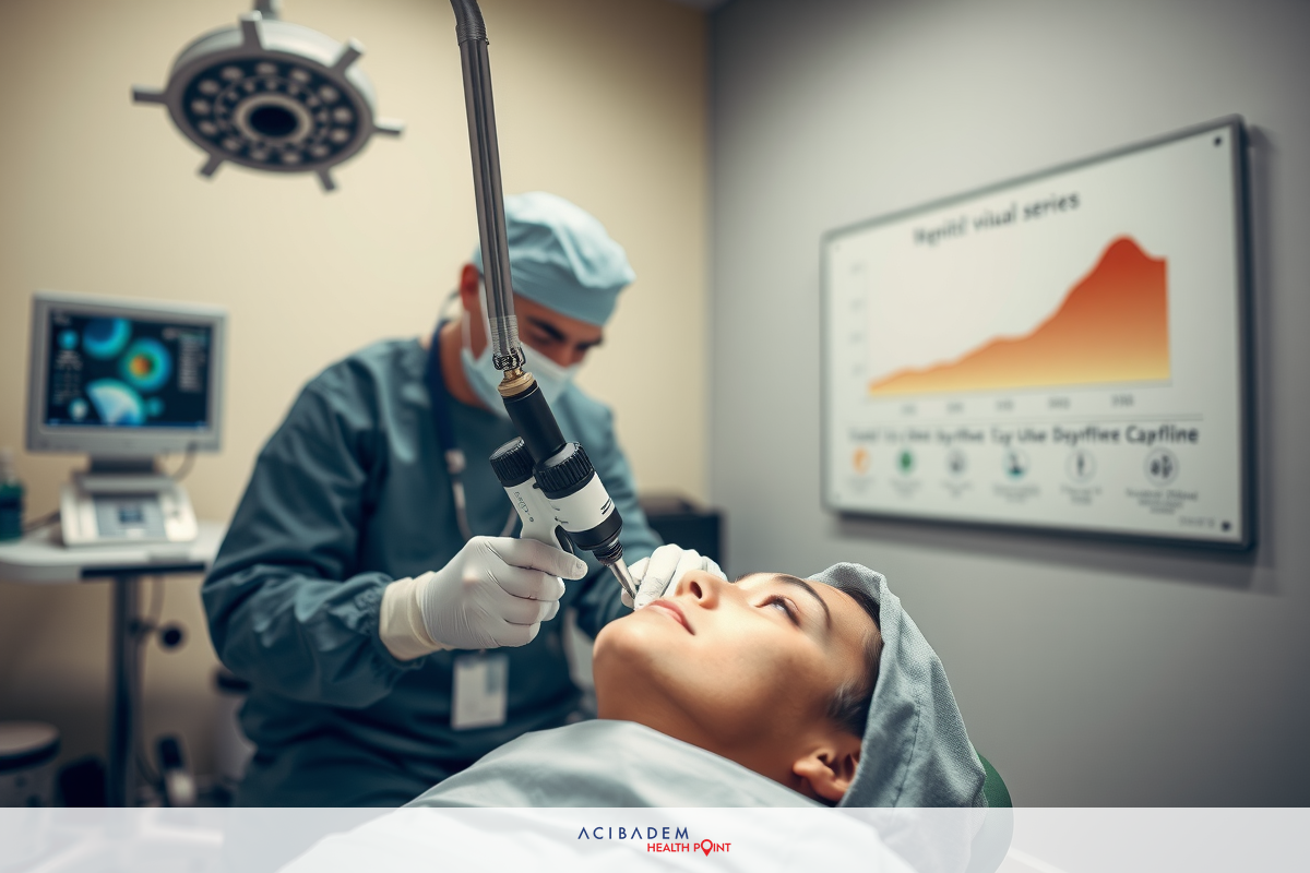 The image depicts a modern medical office with a patient seated in the chair, being checked by a doctor.