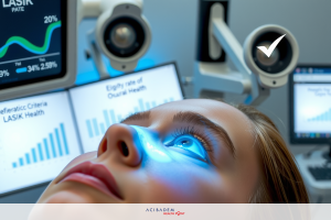 A person sitting in front of multiple screens and graphs, focused on the data displayed. The environment suggests a high-tech or medical setting with monitors showing various statistics and charts.