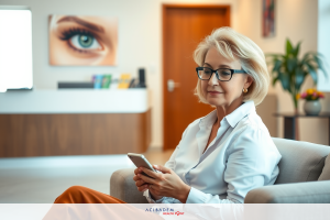 A professional older woman sits on a couch, working on her cell phone. She is in an office environment with wood elements and contemporary decor.