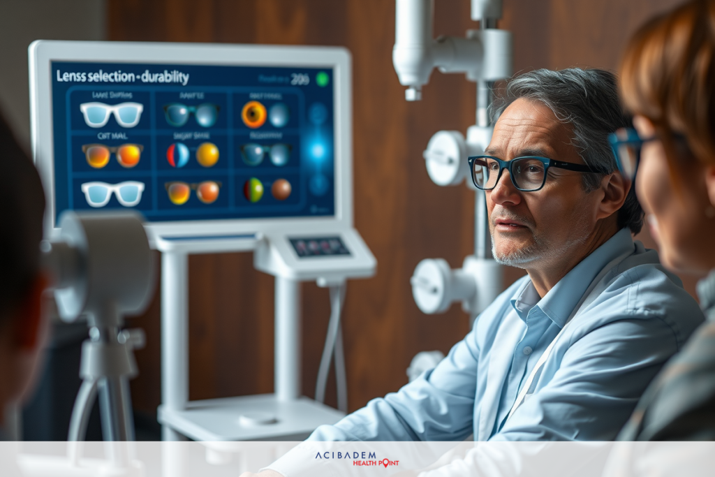 In a modern medical setting, a group of three individuals is focused on an ophthalmic device screen displaying various eye tests. The devices are white and sleek with screens showing different visual tasks to assess vision health.