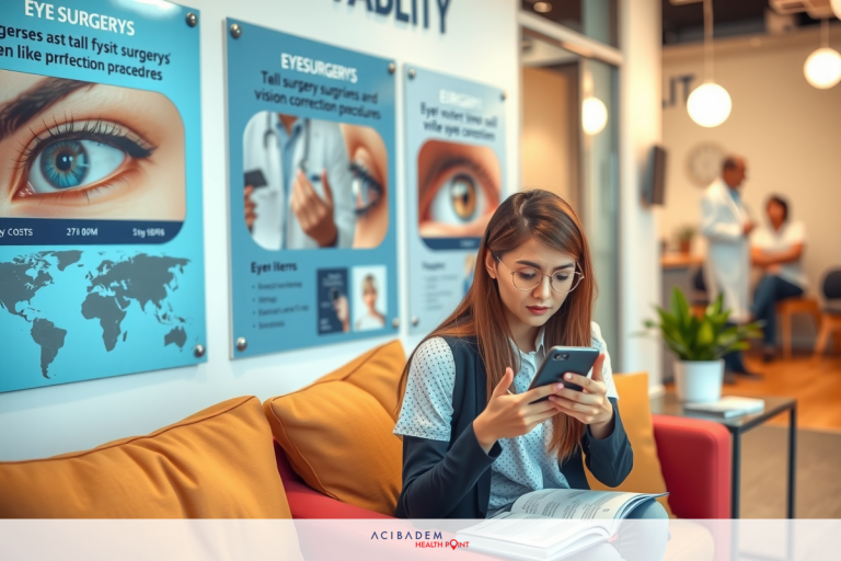 A woman sits on a red couch, engrossed in her phone. She is surrounded by modern furniture and decor in what appears to be a professional or medical office setting. The environment suggests a contemporary, functional space designed for productivity and comfort.