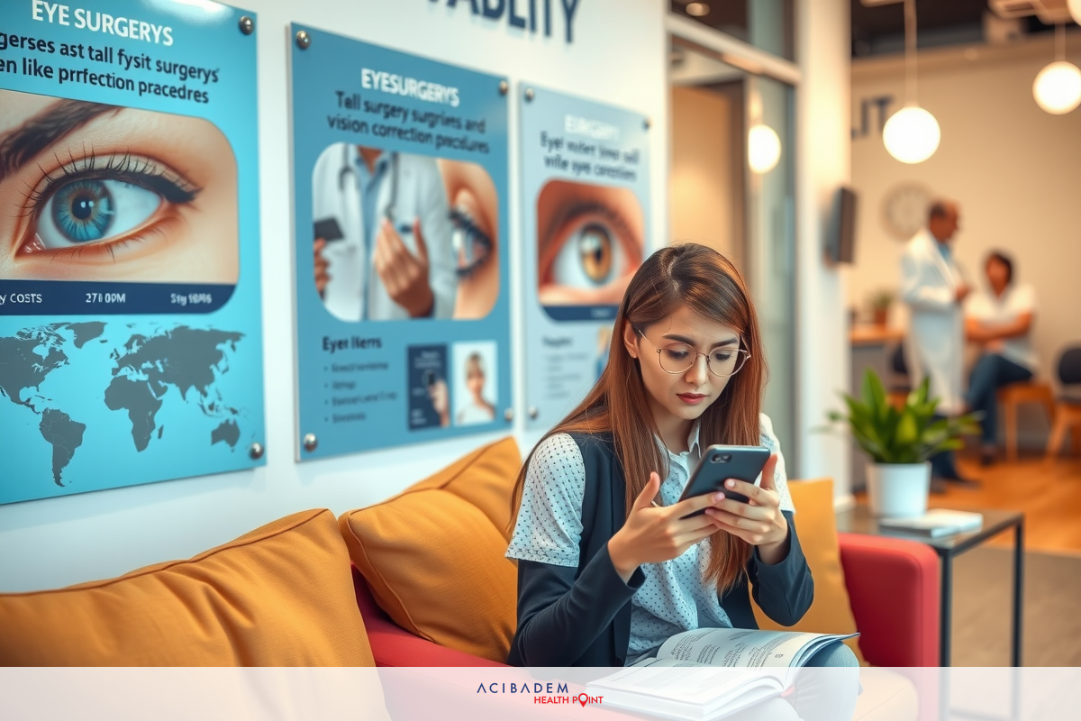 A woman sits on a red couch, engrossed in her phone. She is surrounded by modern furniture and decor in what appears to be a professional or medical office setting. The environment suggests a contemporary, functional space designed for productivity and comfort.