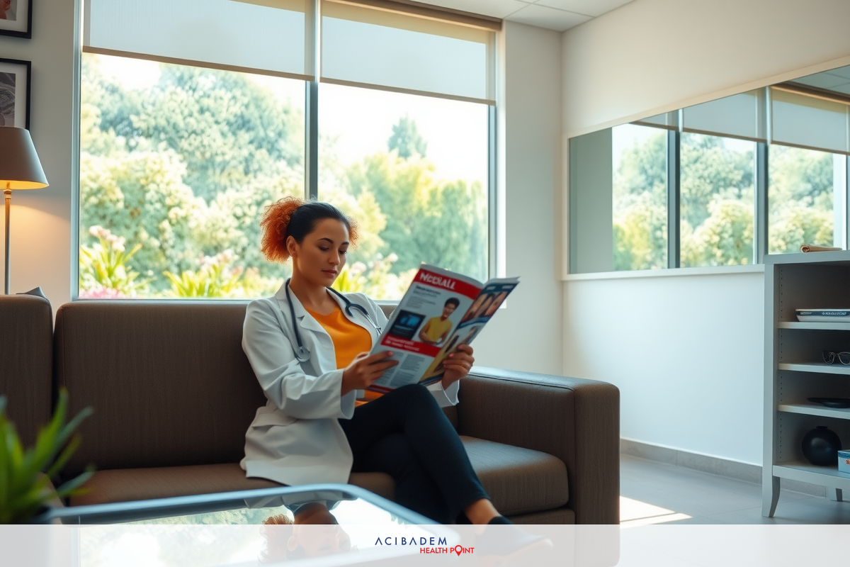 A young woman sitting on a couch in an office, reading a magazine. She is wearing professional attire and appears to be engaged with the content of the magazine.