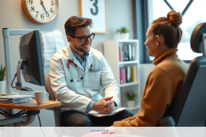 A medical consultation taking place in a clinical office. A doctor, wearing a white lab coat and glasses, sits at a desk with a computer monitor, patiently engaging with a female patient seated opposite him. The office environment is well-lit with a combination of natural and artificial lighting.