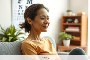 A woman is seated on a gray sofa in what appears to be a cozy living room. She is smiling and relaxed, wearing a yellow top. The room has plants for decoration, contributing to a warm and inviting atmosphere.