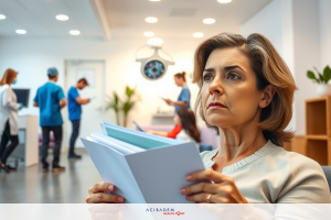 A woman working in a modern medical office, surrounded by colleagues. She's focused on reading a document while others are engaged with their tasks.
