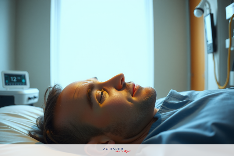 In the image, a man is lying in a hospital bed. He appears to be resting with his eyes closed and his mouth slightly open, as if he's tired or possibly unwell.