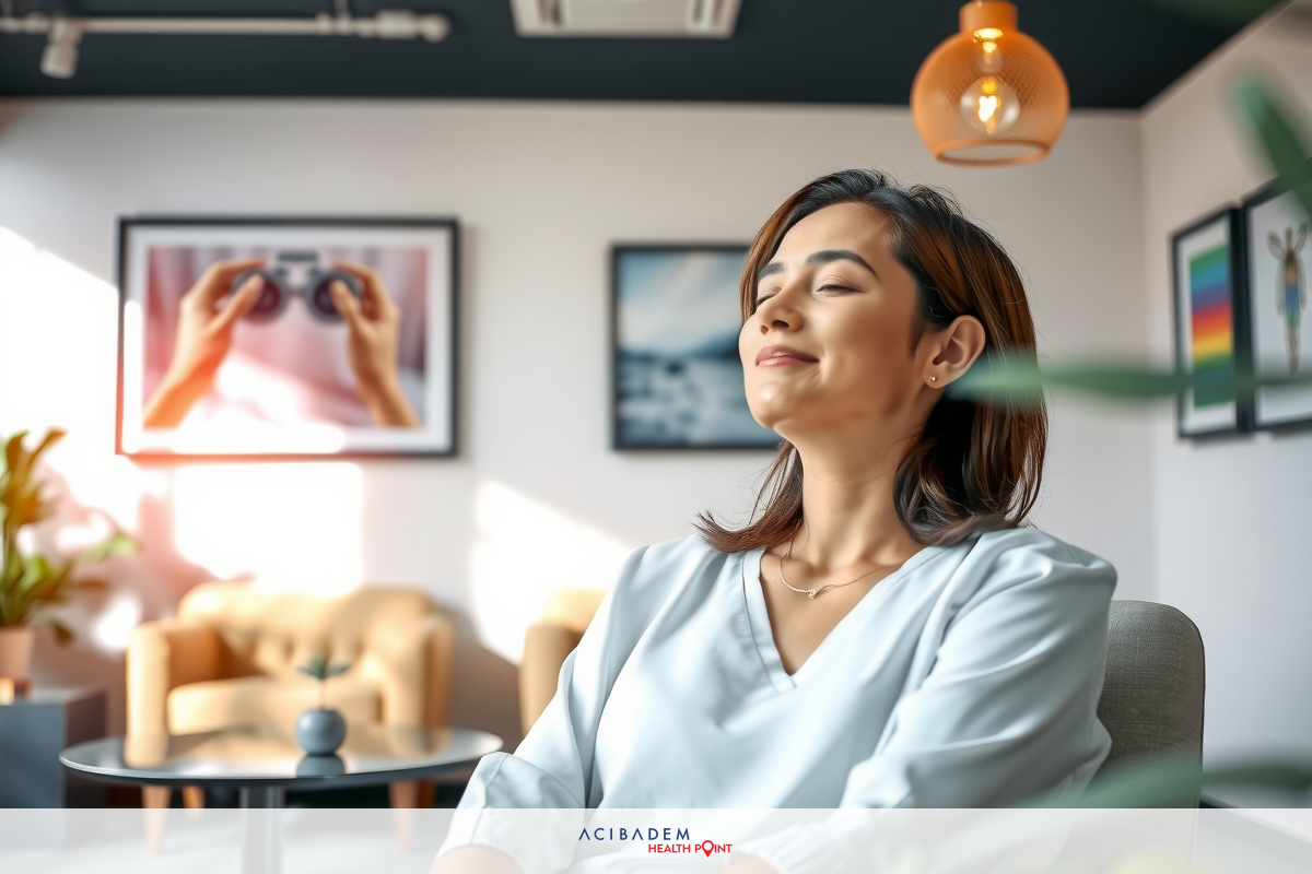 A woman in a white blouse and light gray trousers, sitting comfortably with her eyes closed, appears content and relaxed. The room has modern furniture and decor. Natural light floods the space.