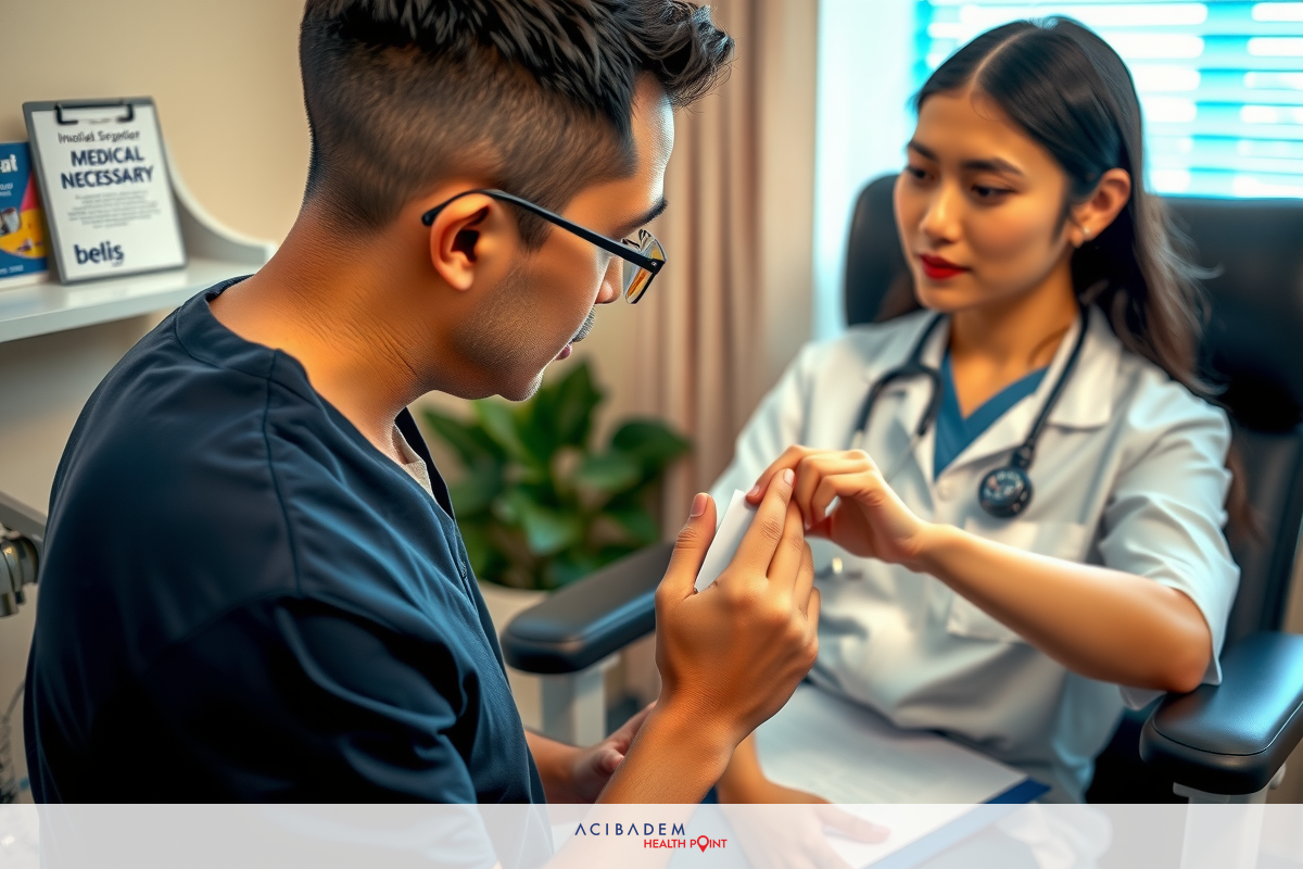 Will Health Insurance Pay for Rhinoplasty? 1 The image shows a medical doctor handing a piece of paper to another person sitting across from him. The setting is reminiscent of an office setting, with medical supplies visible in the background. The individuals are dressed in professional attire suitable for a medical or clinical setting.