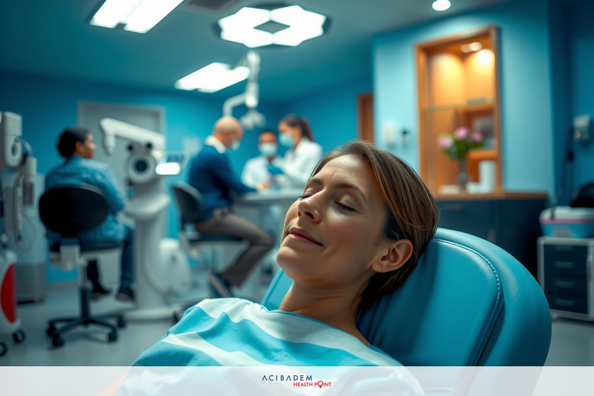 A woman lying on a dentist's chair with her eyes closed. She is surrounded by medical professionals in scrubs, and the room has a blue color scheme.