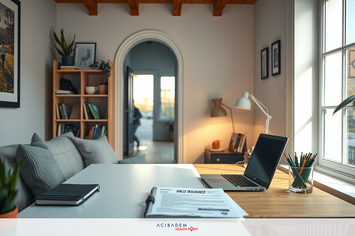 Modern office with bright windows, large desk, couch, and decorative items such as potted plants and books.