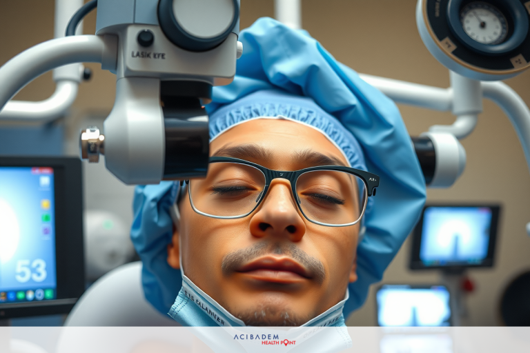 A person wearing surgical attire and glasses in a medical setting with equipment. They appear focused or concentrating during a procedure.