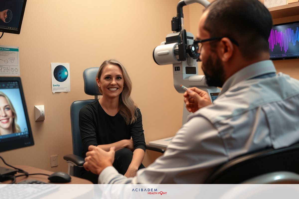 In the image, there are two individuals in a medical office setting. On the left side of the image is a woman who appears to be seated on an examination chair. She has blonde hair and is looking at something off-camera with a smile on her face. On the right side of the image is a man standing behind a desk, wearing glasses and a white lab coat, indicating his role as a healthcare professional.