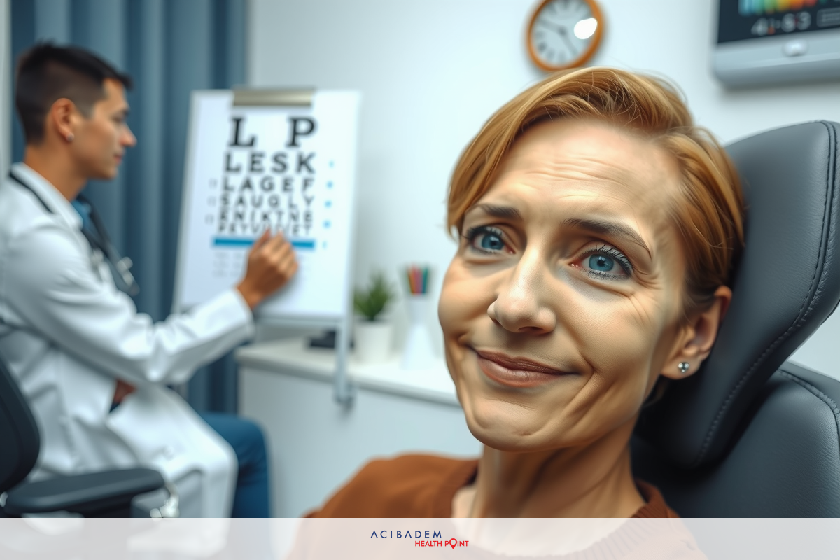 In the image, a woman is sitting in an eye exam chair with her eyes opened. She appears relaxed and is likely undergoing an eye examination. An eye doctor stands behind her, holding up an eyeglasses selection chart titled 'LP', pointing to the chart. The clinical environment suggests a professional medical setting focused on vision care.