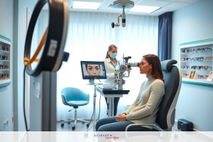 The image depicts a professional medical setting. A woman is seated in an examination chair, likely undergoing an eye examination. There's a doctor using a device that appears to be measuring the patient's eyesight, such as a refractometer or autorefractor. The room has a clinical and sterile ambiance with light blue walls and white flooring. On the wall, there are shelves stocked with various medical equipment.