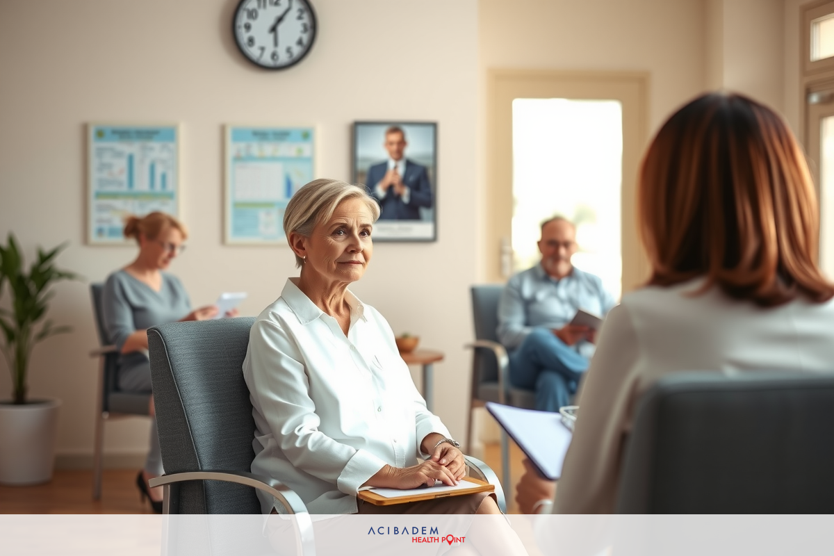 In a professional office setting, a middle-aged woman is seated at a conference table. In this image, she appears in the middle of an argument with a doctor whose face cannot be seen. The office environment includes contemporary furniture and decor, creating a serene yet productive atmosphere.