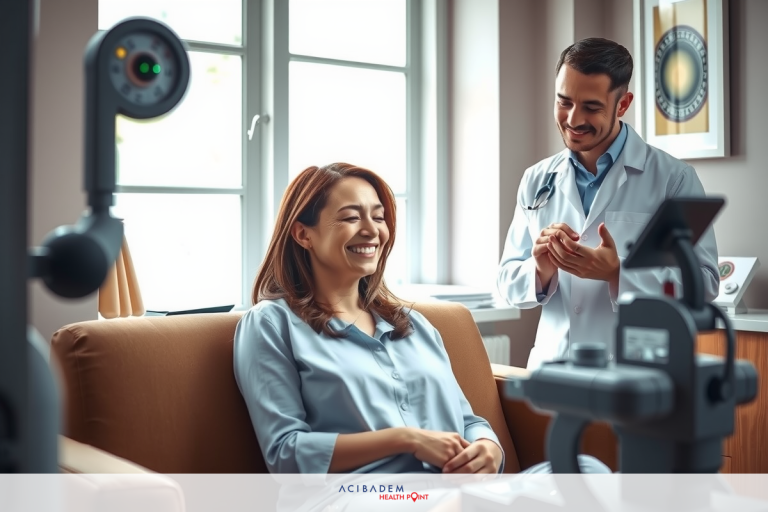 Two people in a room with medical equipment, possibly for an examination. A woman sitting on the couch and a man standing over her, smiling, and looking at her.