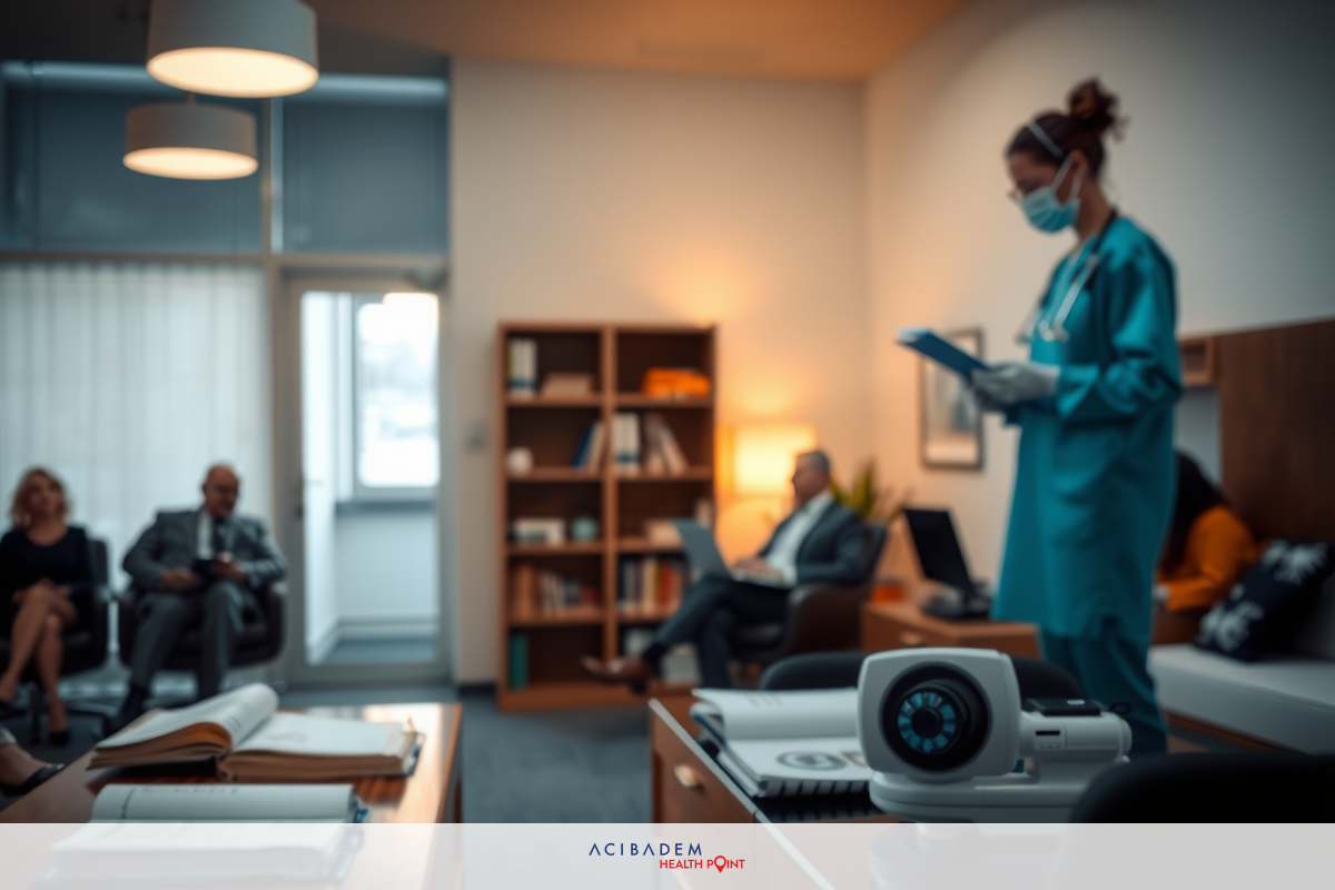 The image shows a professional setting with a medical staff member in the foreground wearing full protective gear. In the background, there are three individuals seated and facing away from the camera, with some books visible on shelves behind them.