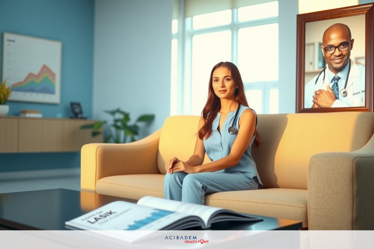 The image features a woman dressed in medical attire, seated on a couch with her hands clasped. She is looking directly at the camera. Behind her stands a framed photo of another man in a doctor's coat, possibly indicating a professional setting or theme related to medicine.