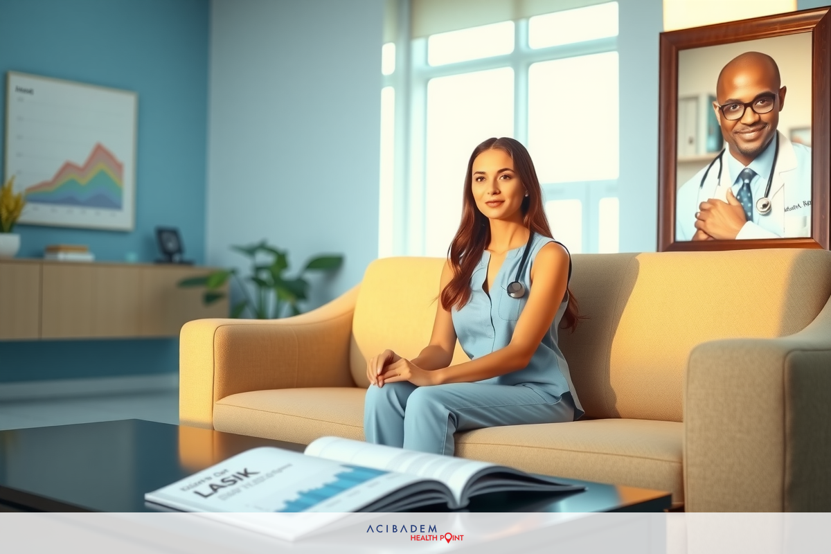 The image features a woman dressed in medical attire, seated on a couch with her hands clasped. She is looking directly at the camera. Behind her stands a framed photo of another man in a doctor's coat, possibly indicating a professional setting or theme related to medicine.