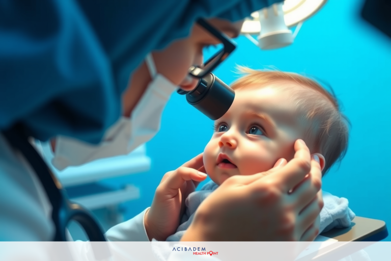 Is Laser Eye Surgery Safe for Babies? The image shows a healthcare professional, likely a pediatrician or a nurse, examining the face of an infant in an examination room. The infant is seated in a chair and appears calm. Medical professional wearing protective gear such as a mask to demonstrate that hygiene and safety protocols are being followed. The room has clinical lighting and blue walls, indicative of a medical setting.