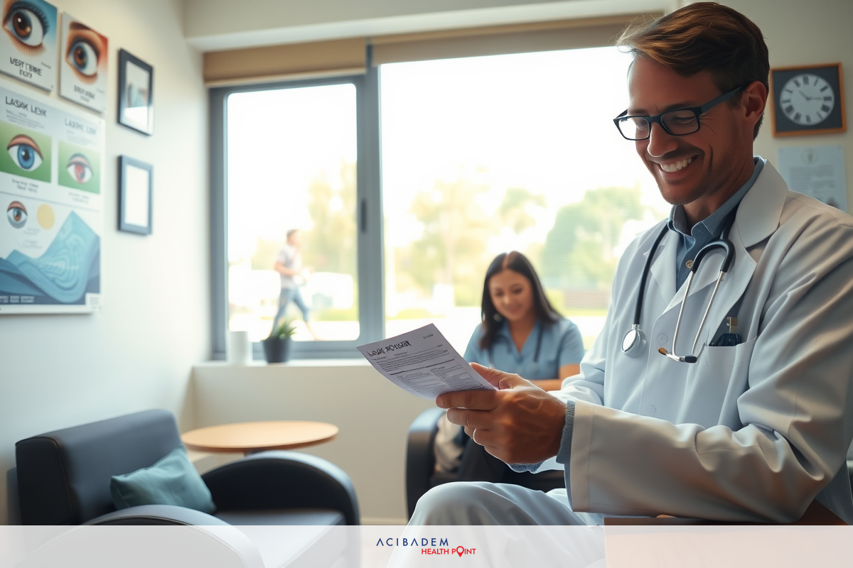 The image shows a medical professional in his office, examining patient paperwork. The doctor is wearing a white coat, which indicates he may be a specialist or general practitioner. The office has a relaxed and welcoming ambiance with natural light coming from the window.